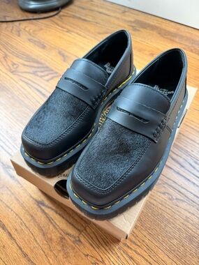 Dr. Martens Hair on Black Penny Loafers with Yellow Stitching